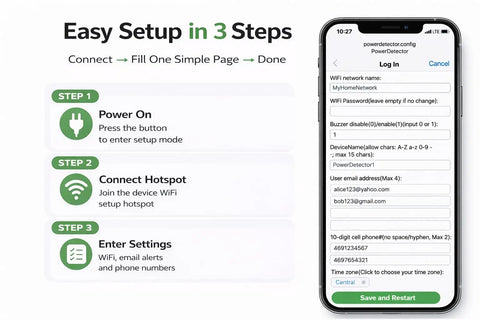 WiFi Power Outage Alarm Detector setup with SMS Text and Email Alerts, showing 3-step setup process on a smartphone screen.