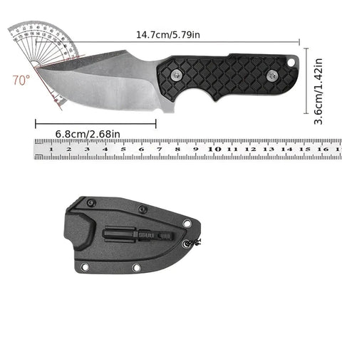 Mini Survival Knife With Sheath, Back Clip Whistle, And Multi Tool Build, EDC knife with measurements and black sheath