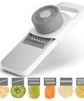 Front view of KEOUKE multifunctional mandoline slicer with stainless steel surface, 6 interchangeable blades, and hand guard.