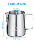 Milk Frothing Pitcher 12oz 350ml Stainless Steel 304 Barista Quality Espresso Steamer Cup with dimensions shown