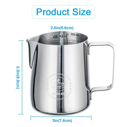 Milk Frothing Pitcher 12oz 350ml Stainless Steel 304 Barista Quality Espresso Steamer Cup with dimensions shown