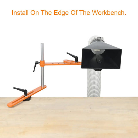Must Have Dust Hood Stand With Folding Extension Arm For Wood Lathe Dust Collection Gear, mounted on workbench