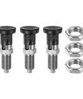 Pack Of Three Push Fit Ball Nose Spring Plungers Metric M16 Thread 8mm Pin Stainless Steel with nuts, side view.