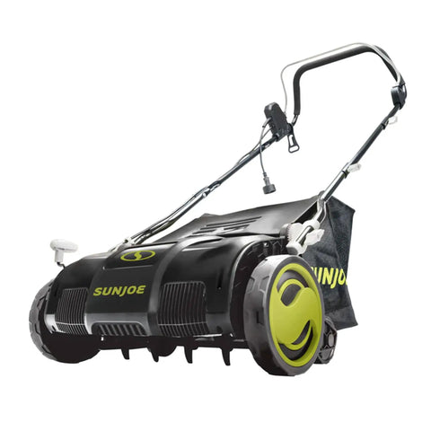 15 Inch Electric Lawn Dethatcher With Scarifier Blade Reel And Collection Bag For Grass Thatch Removal Powered By A 13 Amp Corded Yard Power Rake Tool Built For No Fuss Cleanups And Greener Lawn Care AJ805E