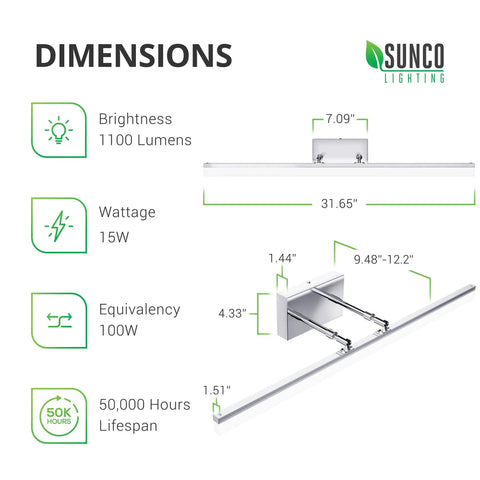 Dimensions of Modern Vanity Light Fixture For Bathroom, LED Bar Lights, 15W Equal To 100W, 1100 Lumens, Chrome, 2 Pack