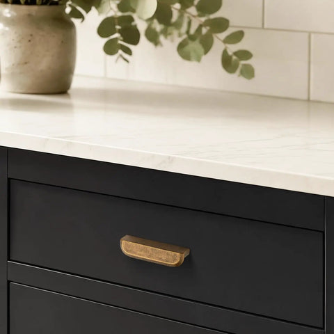 Rock Solid Antique Brass Cabinet Pulls For Kitchen Cabinets And Hefty Drawers 3 Inch Hole Center on sleek black drawer.