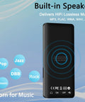 64GB MP3 Player With Bluetooth Portable HiFi Lossless Music Player With Built In Speaker, black with music genre icons, vertical view