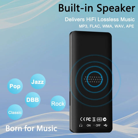 64GB MP3 Player With Bluetooth Portable HiFi Lossless Music Player With Built In Speaker, black with music genre icons, vertical view