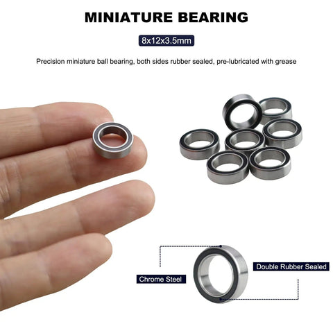 Close-up of chrome deep groove ball bearings, 8x12x3.5mm, double rubber sealed for RC cars and drones, 20 pack.