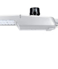 120W LED Area Light With 15,000 Lumens Dusk To Dawn Photocell mounted on a curved pole showing LED panel from side view
