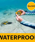 Person using Rugged Waterproof Digital Camera With 50 Feet Depth Rating, 16MP Sensor snorkeling underwater photographing fish.