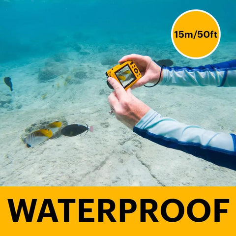 Person using Rugged Waterproof Digital Camera With 50 Feet Depth Rating, 16MP Sensor snorkeling underwater photographing fish.