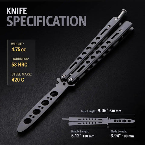 Black Stainless Steel Balisong Trainer With Safe Unsharpened Blade And Sure Spring Latch Fully Dull Practice Knife 420C