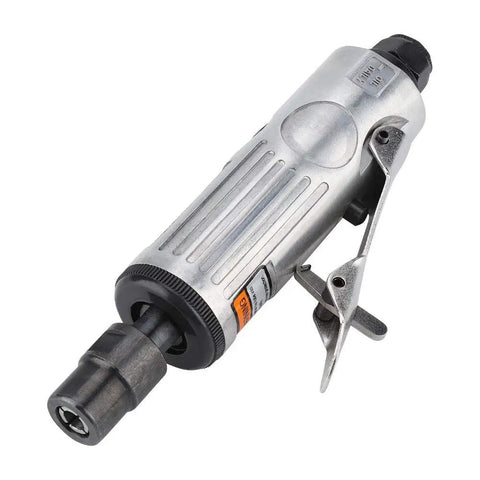 Top Tier 25000 Rpm Air Die Grinder Kit With Quick Chuck And 16 Piece Set showing the air die grinder with metal finish and throttle lever for precision work.