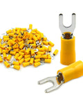 Yellow Insulated Fork Spade Wire Connectors For Heavy Duty Electrical Crimp Terminals SV5.5 4 12 10 AWG 4.0 6.0 Mm Copper Terminals In Yellow Screw Size Eight 48 Amp Pack Of 100 displayed in a pile and two highlighted pieces