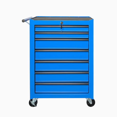 Top Tier 72 Inch Rolling Tool Chest 79 Inches Tall Features 14 Smooth Drawers 3 Cabinets Pegboard Back For Badass Garage Organization, blue metal chest with key lock.