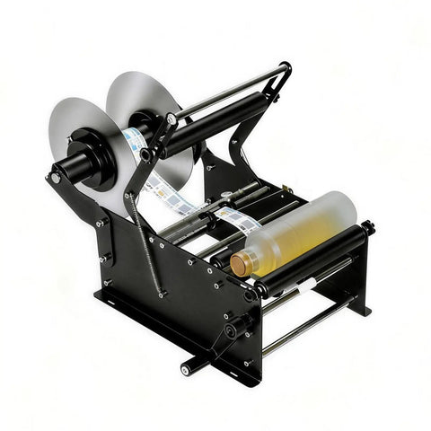 LUNISOLVEIL Manual Bottle Label Applicator With Handle applies labels on a clear bottle, designed for efficient DIY sticker placement.