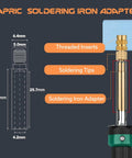 Diagram of 8 Pcs Heat Set Insert Tool Tips For Soldering Iron M2 M2.5 M3 M4 M5 M6 M8 Thread Inserts For Plastic And 3D Printing Kit With Adapter.