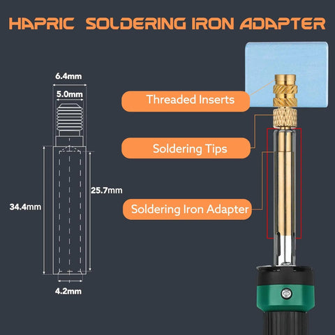 Diagram of 8 Pcs Heat Set Insert Tool Tips For Soldering Iron M2 M2.5 M3 M4 M5 M6 M8 Thread Inserts For Plastic And 3D Printing Kit With Adapter.
