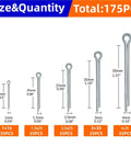 Size variety of All Purpose Stainless Steel Cotter Pin Kit With Assorted Sizes 350 700 1050 Pieces, 304 Grade Split Pins