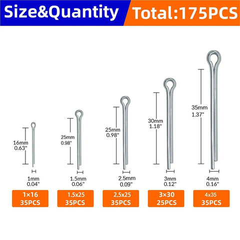 Size variety of All Purpose Stainless Steel Cotter Pin Kit With Assorted Sizes 350 700 1050 Pieces, 304 Grade Split Pins