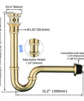 Diagram of Brushed Gold U-Shape Sink Stopper Kit With Overflow For Bathroom One And A Quarter Inch Slip Inlet Drain Bottle Trap Complete Pop Up Waste Set Easy Install Fits Most Sinks Meets USA CAN Plumbing Codes with measurements.