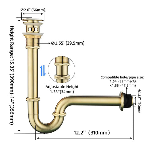 Diagram of Brushed Gold U-Shape Sink Stopper Kit With Overflow For Bathroom One And A Quarter Inch Slip Inlet Drain Bottle Trap Complete Pop Up Waste Set Easy Install Fits Most Sinks Meets USA CAN Plumbing Codes with measurements.