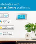 Smart Thermostat With Touchscreen Color Display Programmable Wi Fi Mobile App Control Easy DIY Installation Privacy Protected Works With Alexa Energy Star Certified C Wire Required shown with compatible smart home platforms.