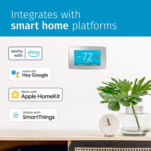 Smart Thermostat With Touchscreen Color Display Programmable Wi Fi Mobile App Control Easy DIY Installation Privacy Protected Works With Alexa Energy Star Certified C Wire Required shown with compatible smart home platforms.