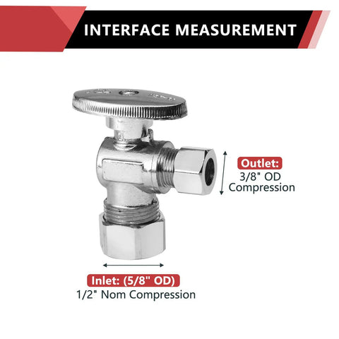 10-Piece Angle Stop Valve Set 1/2 Inch Nominal (5/8 Inch OD) Compression to 3/8 Inch OD, 1/4-Turn Inlet, Lead-Free Brass With Chrome Finish, Ideal for Hot and Cold Water Lines in Bathroom, Kitchen and Shower Plumbing. Chrome angle stop valve with 3/8" OD outlet and 1/2" nominal inlet