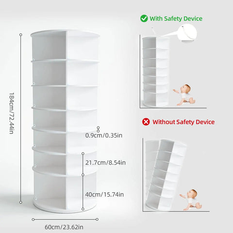 Dimensions of 360 Degree Rotatable White Corner Shoe Rack And Bookshelf, 7 Tier Dope Space Saver Shoe Tower with safety comparison.