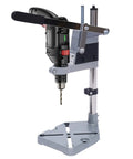 Adjustable Drill Press Stand For Hand Drill Benchtop Workstation With Precision Depth Control Scale Heavy Duty Metal Base side view with drill