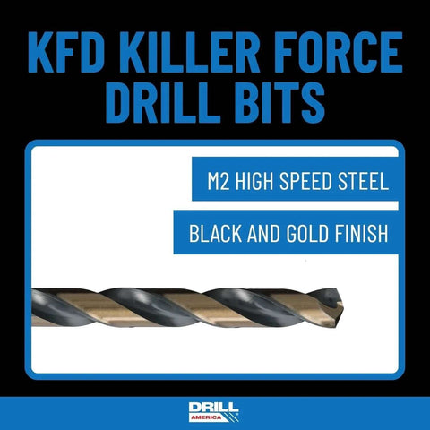 Drill America KFD Killer Force drill bits; three-piece sample pack, M2 high-speed steel, black and gold finish