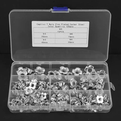 120 Piece Tee Nut Set Carbon Steel Galvanized For Wood Projects and Furniture Hardware in clear organizer box