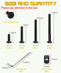 Size chart of All-In-One M6 Bolts And Barrel Nuts Hardware Replacement Kit For Bed Frames And Furniture, including bolts and wrench.