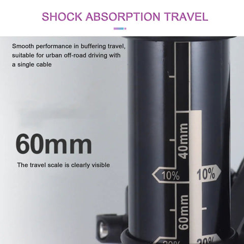 Close-up of shock absorption travel scale on 60Mm Travel Off Road Front Fork For 700C Bikes Aluminum Alloy Suspension With Air Shock And Manual Lockout Disc Brake Ready Thru Axle 12x100mm Red Beefy Build For Road And Gravel Adventures.