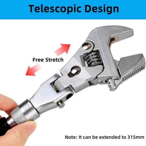 Close-up of Versatile Flexhead Adjustable Wrench with retractable shank extended, 180-degree rotating head visible.