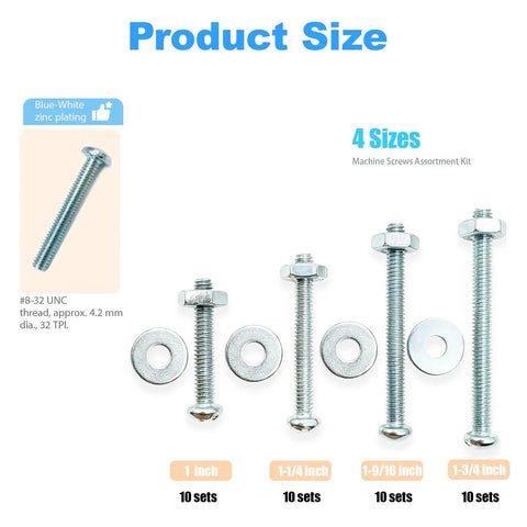 Top Notch Heavy Duty Eight Thirty Two Machine Screw Assortment Set With Zinc Plated Carbon Steel Bolts Nuts And Flat Washers For Garage Builds And Diy Repairs Built Like A Tank And Goes Together Quick - 4 screw lengths with washers and nuts.