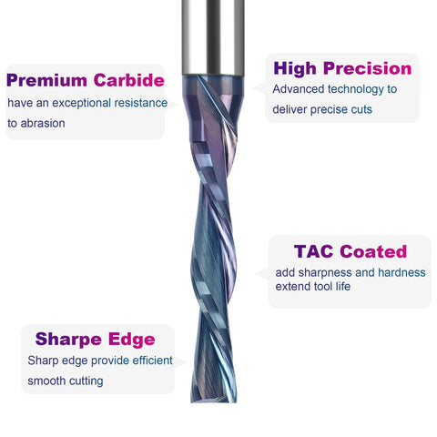 SpeTool 1/4-inch shank downcut spiral router bit, 3/16-inch cutting diameter, TAC coated for wood cutting.