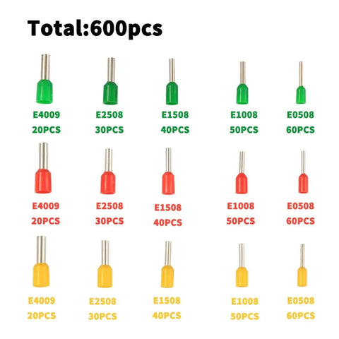Get The Ultimate 600 Piece Tube Terminal Connector Kit With Three Bold Colors Perfect For Crimping Cord Pin End Cable Wire Ferrules And All Your Heavy Duty 22 To 12AWG Projects Like A Total Pro. 600-piece insulated ferrule kit, green red yellow sizes.