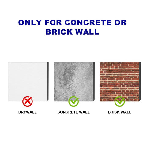 Image illustrating only for concrete or brick wall with checkmarks on concrete and brick sections, cross on drywall section.