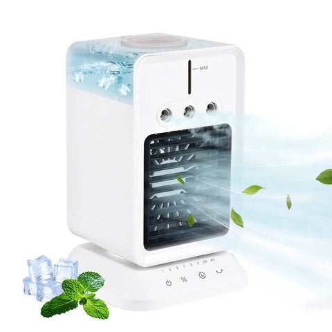 Highly Portable Evaporative Cooler With Three Speed Mist Fan And Swivel Nozzle For Desk Dorm Office And Travel, showcasing airflow and water reservoir.