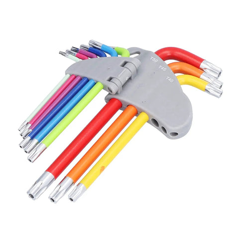 Kickstart Your Home Repair Game With This Hottest 9 Pcs Arm Hex Wrench Set Featuring Gnarly Color Coding And Solid Metal Star Hex Keys For Pro Level Maintenance, Fixing, And All Your Daily DIY Projects Without The Stress. Color-coded Torx wrench set in gray holder, 9-piece steel, assorted sizes