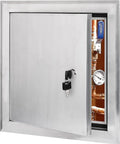 Heavy Duty 16X16 Inch Aluminum Access Panel With Insulated Core And Snap Tight Gasket Keyed Cylinder Lock Includes Two Keys For No Sweat Maintenance And Quick Drywall Fixes showing open door with keys and plumbing.
