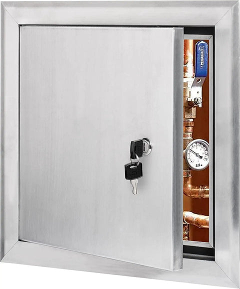 Heavy Duty 16X16 Inch Aluminum Access Panel With Insulated Core And Snap Tight Gasket Keyed Cylinder Lock Includes Two Keys For No Sweat Maintenance And Quick Drywall Fixes showing open door with keys and plumbing.
