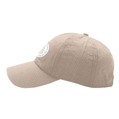 No Crying On The Yacht Unisex Adjustable Hat For All Seasons, side view of cream-colored 6-panel cap with classic brim