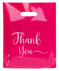 Pink Die Cut Shopping Bags With Handles For Small Biz Packaging 9x12 Inches Bulk 100 Pack Thick 2.36 Mil Recyclable Plastic Merchandise Bags For Boutique Retail Wholesale with 'Thank You' text