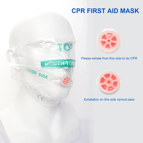Plastic CPR mask with exhalation valve on mannequin head, included in Snake Bite And Bee Sting First Aid Kit With Venom Extractor Suction Pump For Outdoor Adventures Camping And Hiking Includes Suction Cups Alcohol Pads Bandages Razor Mask And Instruction Card