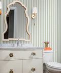 Kickin Green Stripe Textured Vinyl Wallpaper With Rock Solid Durability For Commercial And Home Spaces Custom Printed Top Shelf Heavy Wallcovering Paste Required Install For Offices Hotels And Restaurants in a stylish bathroom setting.
