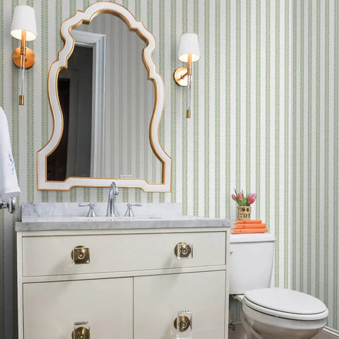 Kickin Green Stripe Textured Vinyl Wallpaper With Rock Solid Durability For Commercial And Home Spaces Custom Printed Top Shelf Heavy Wallcovering Paste Required Install For Offices Hotels And Restaurants in a stylish bathroom setting.